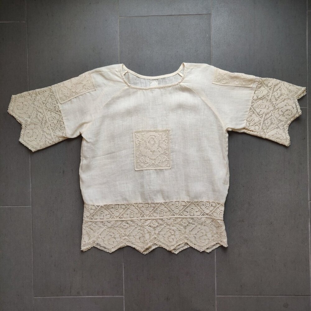 120% Lino Womens Linen Lace Floral Flower Half Sleeve Top Blouse Size 42